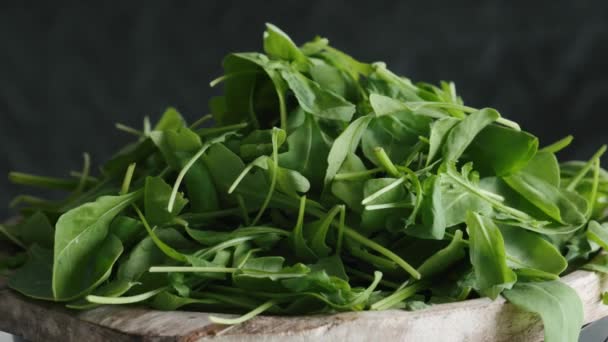 Green Leaves Mix Spinach Arugula Rotating Wooden Board Ingredients Healthy — Stockvideo