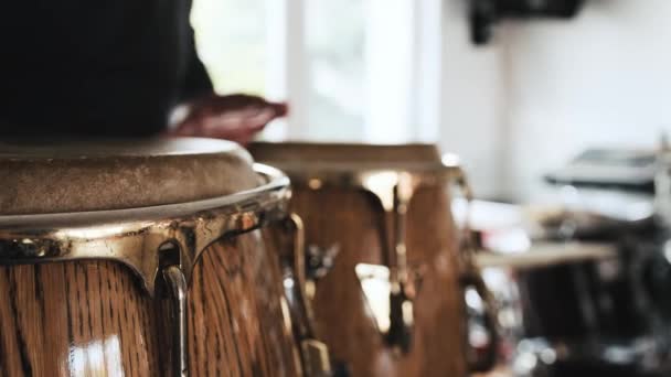 Man Hands Playing Kongo Drums Recording Studio Guy Traditional Ethnic — Stock Video