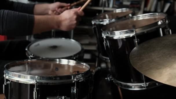 Man Hands Playing Drums Bronze Cymbal Plates Drumsticks Live Concert — Stock video