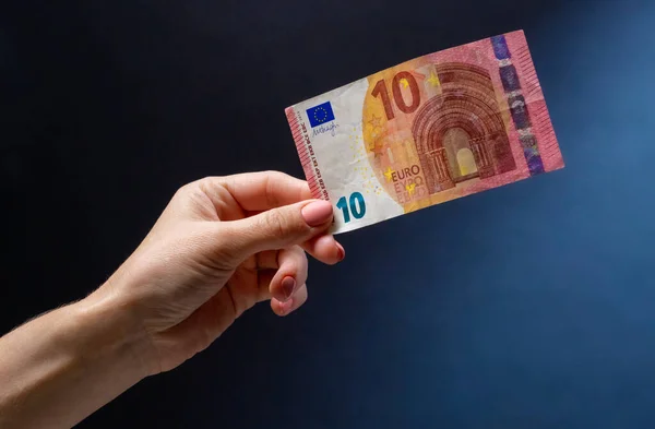 Hand Holding Ten Euro Banknote Money Exchange European Currency Cash — Stock Photo, Image