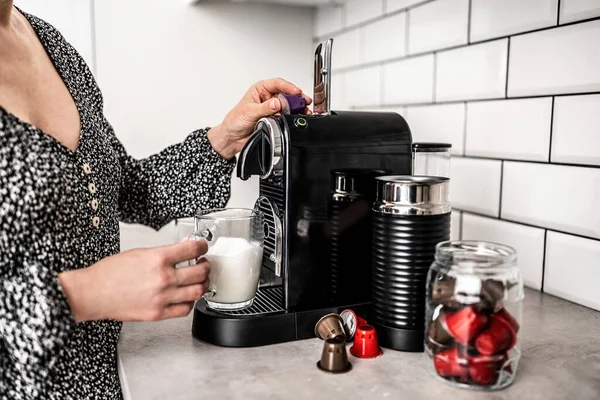 Girl Capsule Coffee Machine Milk Transparent Cup Preparing Cappuccino Kitchen — Stock Photo, Image