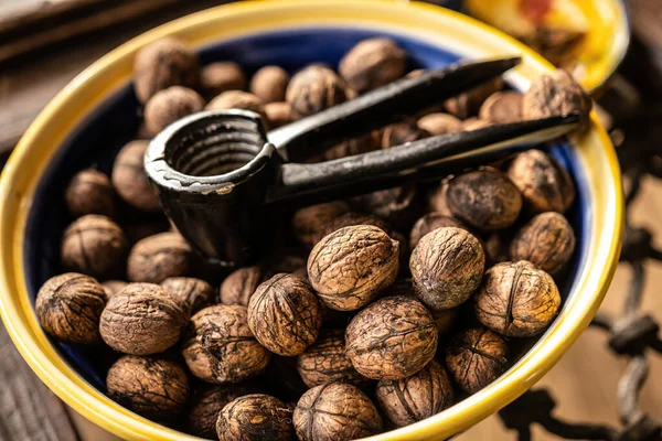 Walnuts Nutcracker Bowl Closeup Deicious Nuts Vegetarian Heathy Diet Protein — Stock Photo, Image