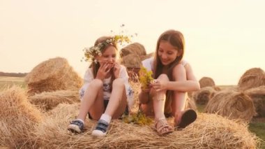 Çelenk takan iki güzel kız kardeş samanlıkta oturmuş, eğleniyor ve gülümsüyor. Kızlar gün batımında tarlada birlikte vakit geçirir ve çiçeklerden bıyık yaparlar..