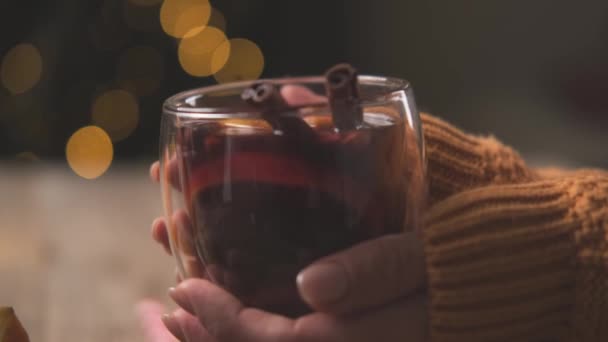 Kobieta Trzyma Przezroczyste Szkło Grzanym Winem Paluszkami Cynamonowymi — Wideo stockowe