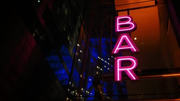 Colourful Neon Signboard Bar Lightning Flashing Night City — Vídeo de Stock