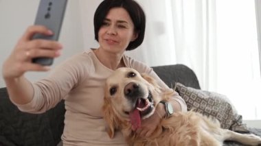 Golden Retriever köpekli güzel kız evdeki kanepede oturan akıllı telefon kamerasıyla selfie çekiyor. Genç kadın ve safkan evcil köpek labrador portresi ve cep telefonu..