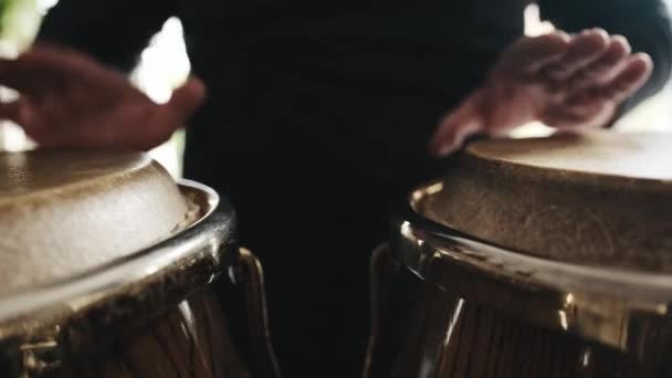 Мужские Руки Играют Барабанах Конго Студии Звукозаписи Парень Играющий Традиционных — стоковое видео
