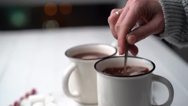 Donna Mescolando Cacao Tazza Bianca Con Cucchiaino — Video Stock