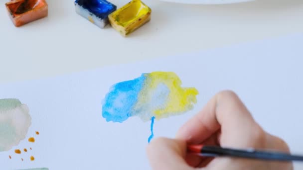 Talentovaná Dívka Dělá Jednoduché Execrises Akvarelem Barvy Třídě Umění — Stock video