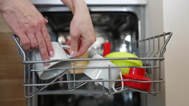 Дівчачача Рука Поклала Брудний Посуд Чашки Посудомийної Машини Кухню Жінка — стокове відео
