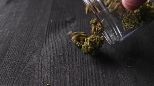 用烟斗从罐子里倒出富含大麻酚的干大麻到桌子上 — 图库视频影像