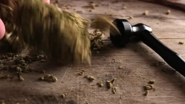 Flores Cânhamo Cannabis Seca Caindo Prato Com Tubo Fumo Metal — Vídeo de Stock