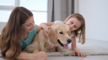 Küçük kızlar köpek besliyor yerde, Golden Retriever cinsi