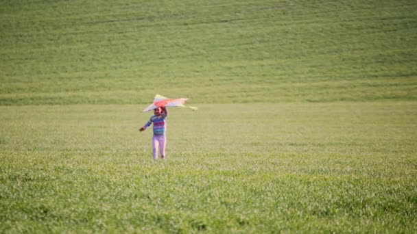Happy Little Girl Running Kite Green Spring Field — Stock Video