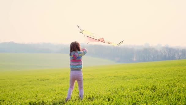 Lächelndes Kleines Mädchen Spielt Mit Buntem Drachen Auf Grünem Sonnigem — Stockvideo