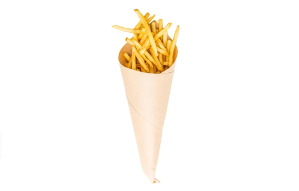 Frische Pommes Chips Braunes Bastelpapier Auf Weißem Hintergrund Gewickelt — Stockfoto
