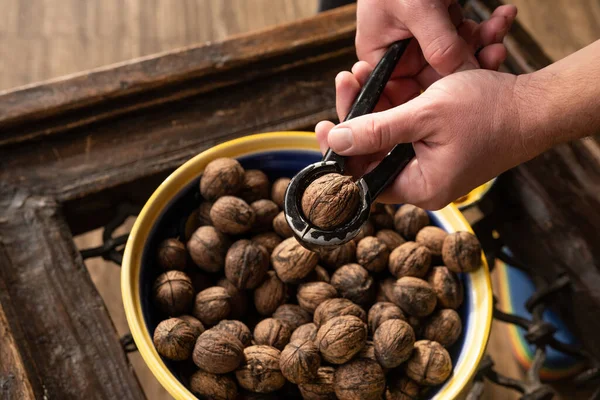 Hand Holding Walnuts Nutcracker Crack Kemels Deicious Nuts Vegetarian Heathy — Stock Photo, Image