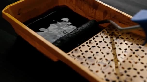 Чорна Фарба Заздалегідь Закріплена Пластиковому Лотку Фарби Повільному Русі Чорний — стокове відео