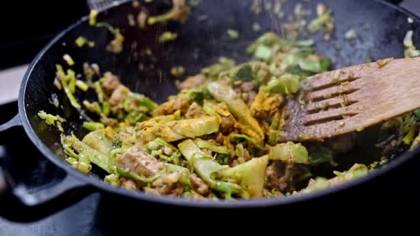 干咖哩洒在食物上 用亚洲锅煮蔬菜的鲜肉 — 图库视频影像