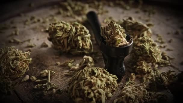 Getrocknete Cannabis Hanfblüten Zum Rauchen Reich Cannabidiol Rotierend Auf Einem — Stockvideo