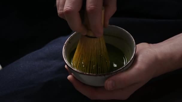 Matcha Green Tea Bowl Mixing Whisk Whipping — Stock Video