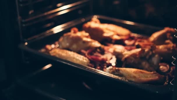Fırın Hazırlığında Hindi Kanatları Bacakları Sıcak Kuş Eti Izgarada Pişmiş — Stok video