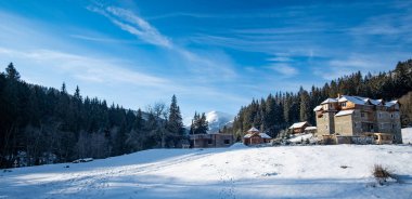 Ukrayna Karpatlarının kış manzarası. Arkasında Hoverla dağları var.
