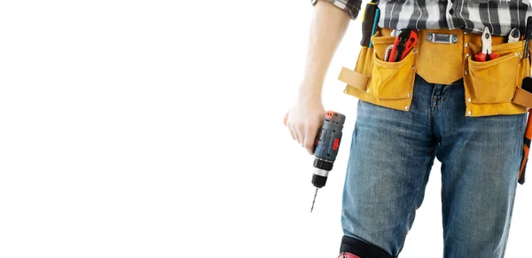 Man Wearing Mounting Belt Tools Repair Holding Drill Hands Isolated — Stock Photo, Image