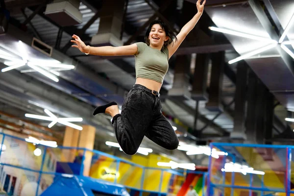 Pretty Girl Jumping Colorful Trampoline Playground Park Smiling Beautiful Female — Stock Photo, Image