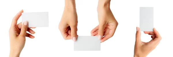Conjunto Cartões Visita Brancos Mãos Meninas Isoladas Fundo Branco — Fotografia de Stock