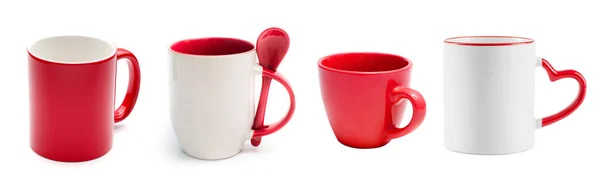 Set White Mugs Different Red Mugs Isolated White Background — Stock Photo, Image