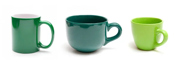 Set White Mugs Different Green Mugs Isolated White Background — Stock Photo, Image