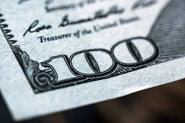 Κοντινό Χαρτονόμισμα Εκατό Αμερικανικών Δολαρίων Μακρό Πλάνο Χαρτονομισμάτων 100 Δολαρίων — Φωτογραφία Αρχείου