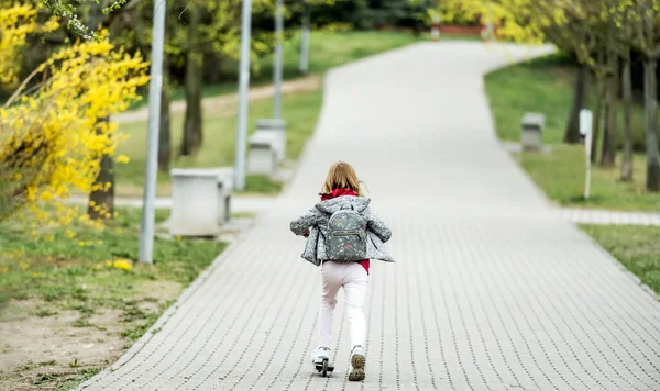 Pequena Menina Bonito Montando Uma Scooter Caminho Parque Visão Traseira — Fotografia de Stock