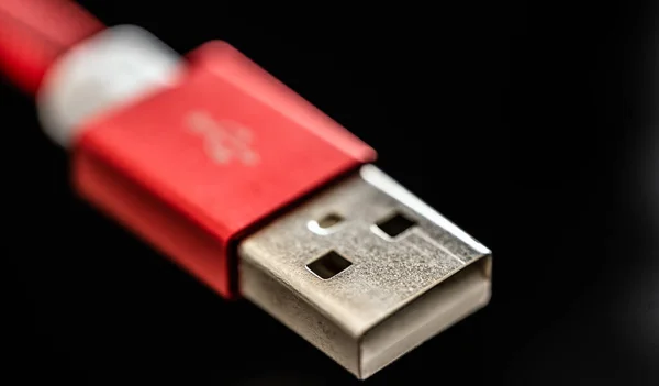 Red Usb Connector Smartphone Gadgets Closeup Black Background Plug Cable — Stock Photo, Image