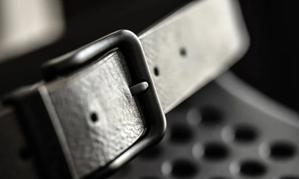 Cinturón Cuero Negro Con Hebilla Acero Metálico Macro View Ropa —  Fotos de Stock