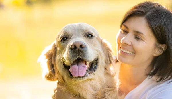 美しい黄金の検索犬を持つ少女 ぼやけた背景に肖像画 — ストック写真