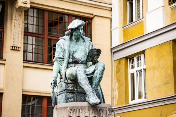 Poznan, Poland - 01 August 2022: Klemens Janicki statue monument in Poznan, Poland. Beautiful sculpture of renaissance polish writer in Europe