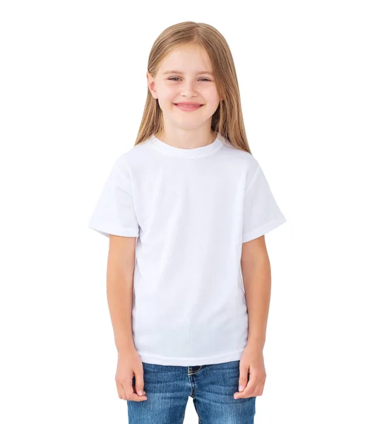 小女孩穿着一件空白的白色T恤 背景是白色的 — 图库照片