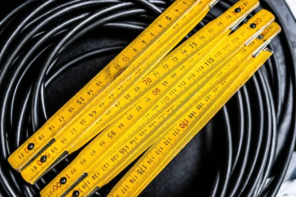 Yellow Ruler Tool Black Rope Cable Measuring Objects Precision Work — Stock Photo, Image