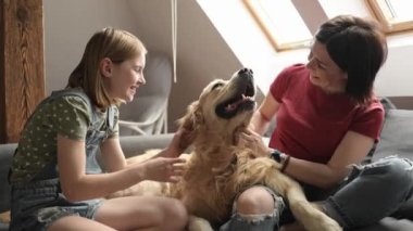 Güzel kız ve prematüre çocuk aile kanepeye oturmuş Golden Retriever köpeği besliyor. Safkan evcil köpeği olan anne ve kızı gülümsüyor.