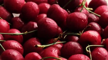 Yeşil saplı, makro manzaralı bir kiraz. Vejetaryen sağlıklı beslenme için taze meyve vitamini.