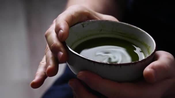 Маття Зеленый Чай Порошок Чайная Церемония Закрыть Зрения — стоковое видео