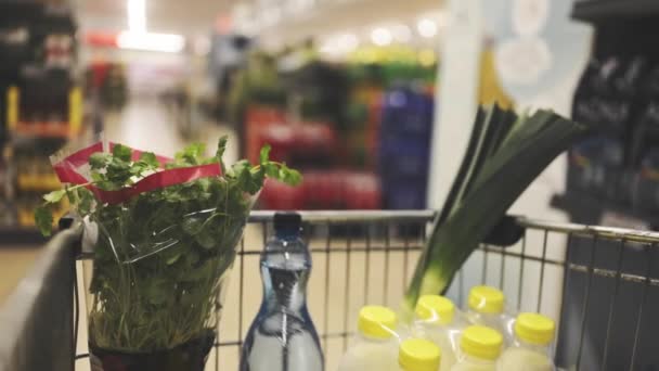 Süpermarket Arabası Büyük Gıda Pazarının Koridorlarında Yuvarlanan Yiyecek Sebzedir — Stok video