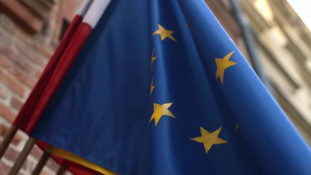 Флаг Европейского Союза Крупным Планом Улице Флаг Символ Объединенной Европы — стоковое видео