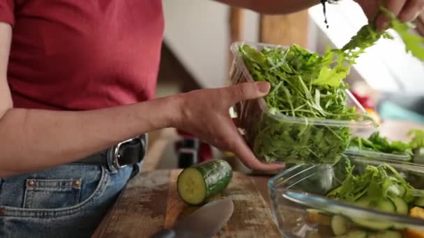 Mädchen Fügt Frisches Gemüse Und Rucola Frischem Gemüsesalat Der Schüssel — Stockvideo
