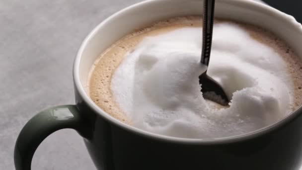 Girl Hand Stirs Sugar Cappuccino Cup Spoon Closeup Fresh Coffee — Stock Video