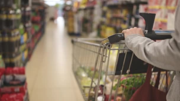 Mädchen Kauft Lebensmittel Mit Dem Einkaufswagen Supermarkt — Stockvideo