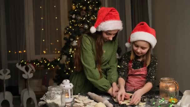 クリスマス前に自宅でフォームを使用して生地からジンジャークッキーを切る姉妹 — ストック動画
