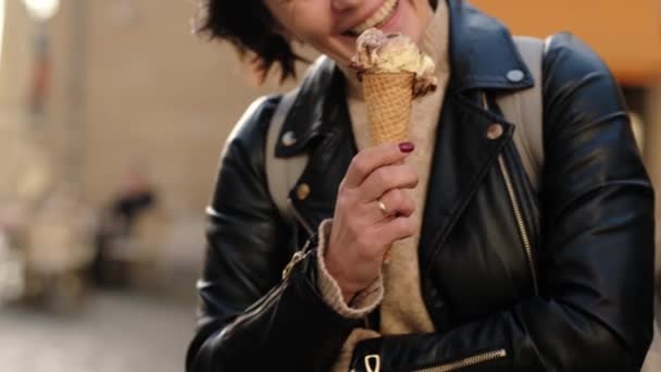 Stylish Female Savors Tasty Vanilla Chocolate Ice Cream Holding Delight — Stock Video